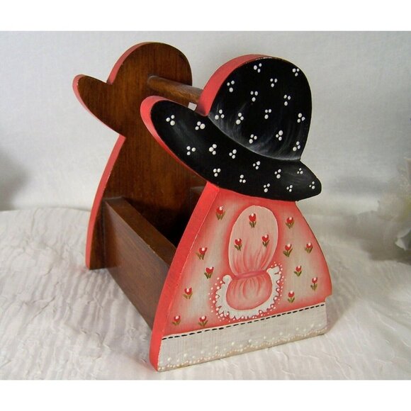 Country Calico Prairie Bonnet Girl Wood Box Hand Painted Dowel Handle Vintage - Picture 3 of 7